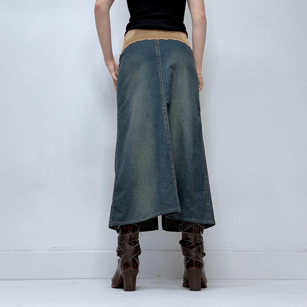 Chunky belted denim slit maxi skirt