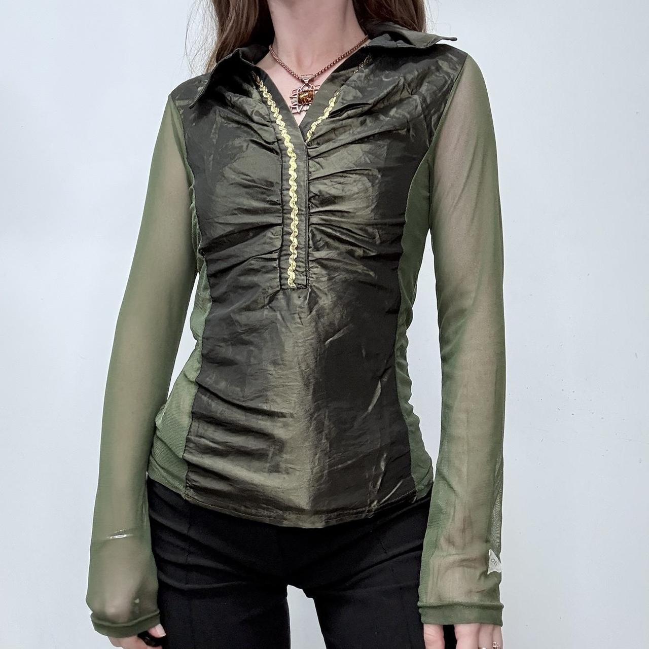 Khaki green gathered mesh shirt