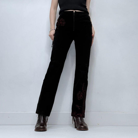 Black suede embroidered trousers