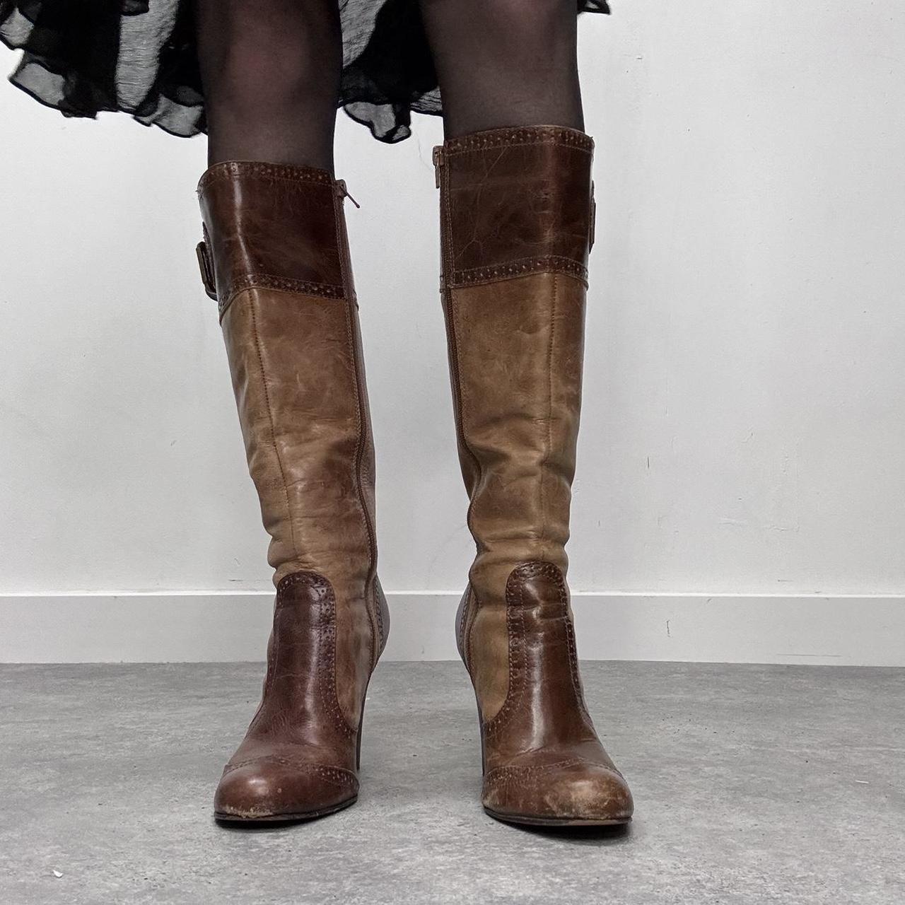 Brown leather brogue heel boots
