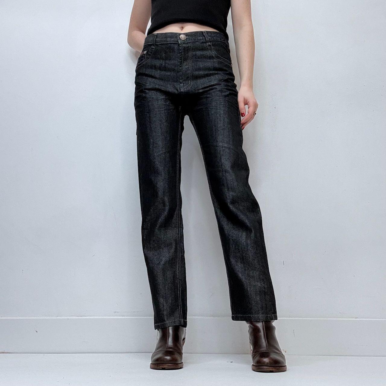 Dark denim salvage wash fitted jeans