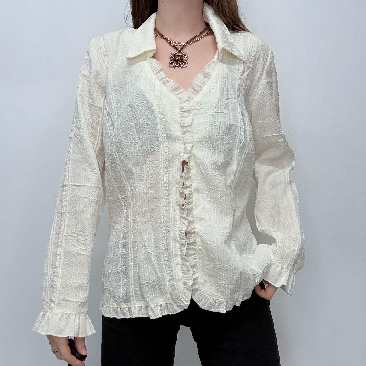 Cream crinkle pinstripe lace shirt