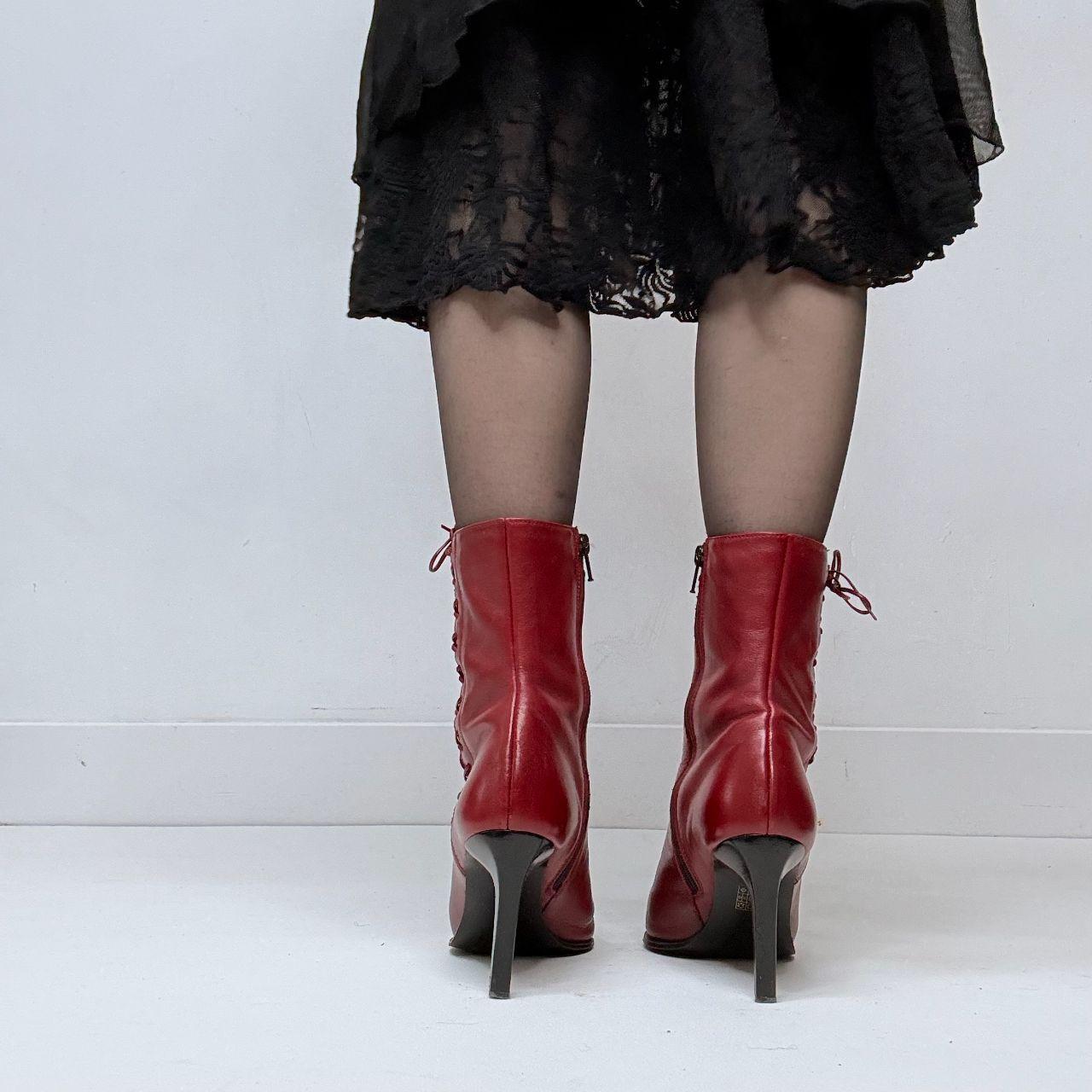 Red leather lace up corset boots