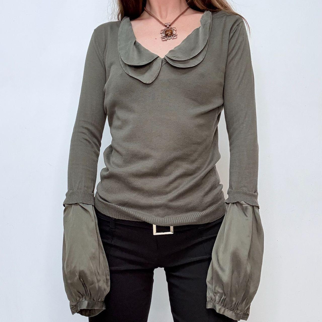 Khaki flared puff silk sleeve shirt