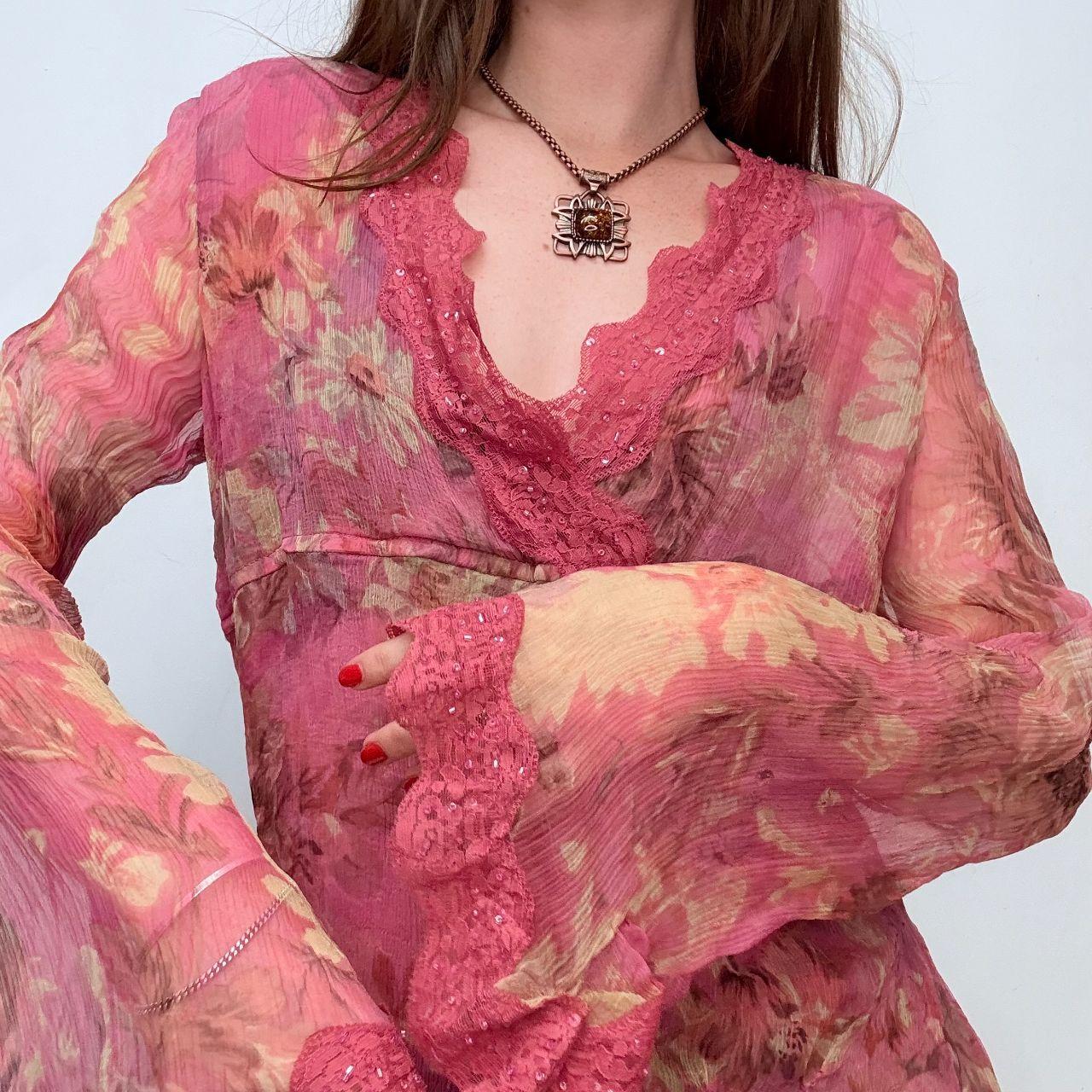 Pink silk floral lace flared shirt