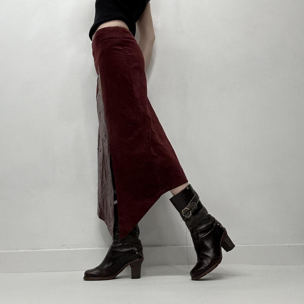 Red leather eyelet studded asymmetric skirt