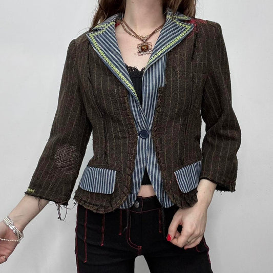Brown pinstripe distressed layered jacket