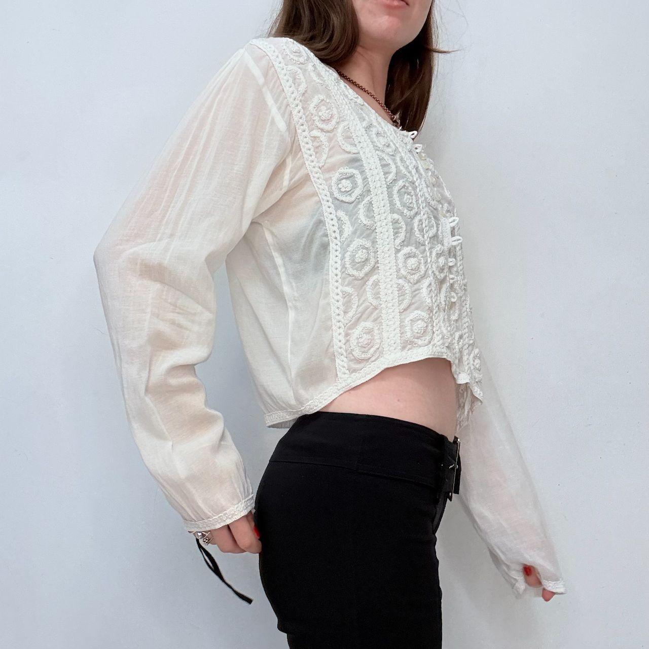 Sheer white embroidered cropped button shirt