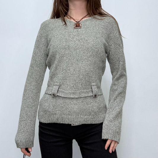 Grey wool knit belted jumper
