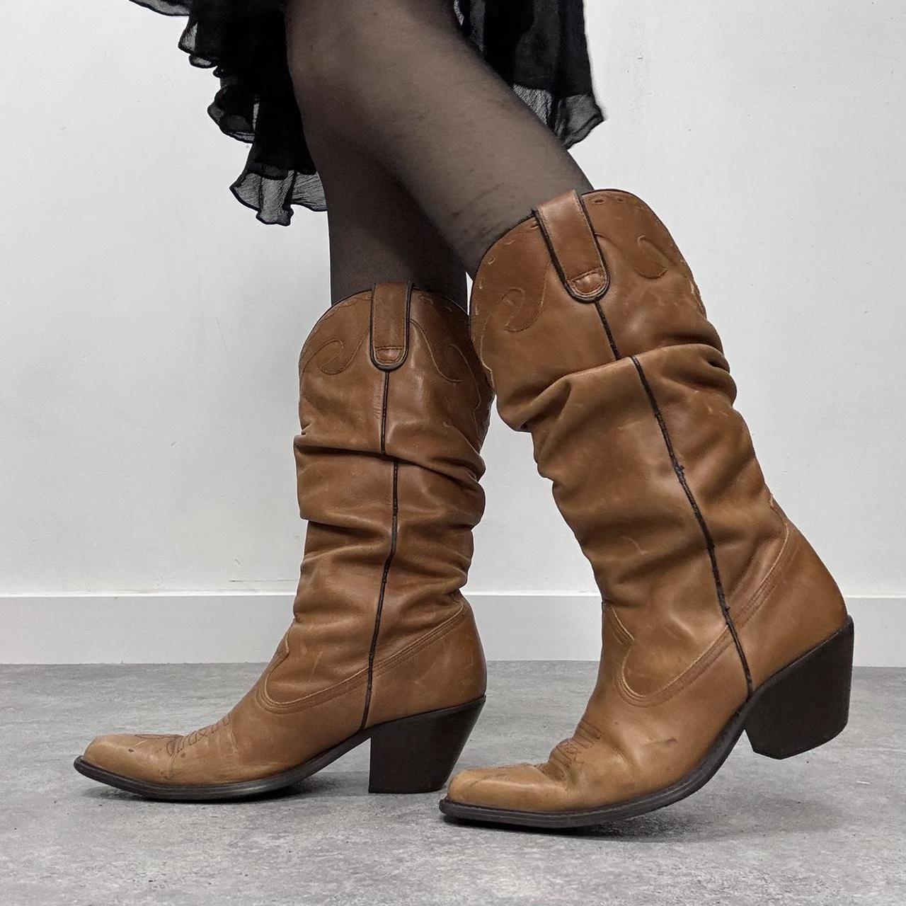 Tan leather slouchy cowboy boots