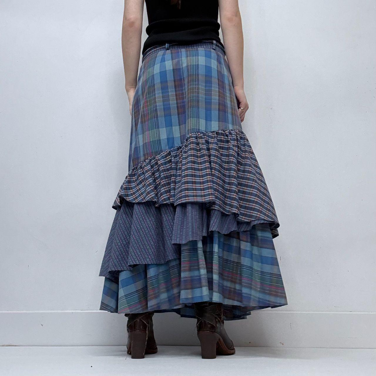 Tartan ruffle layered maxi skirt