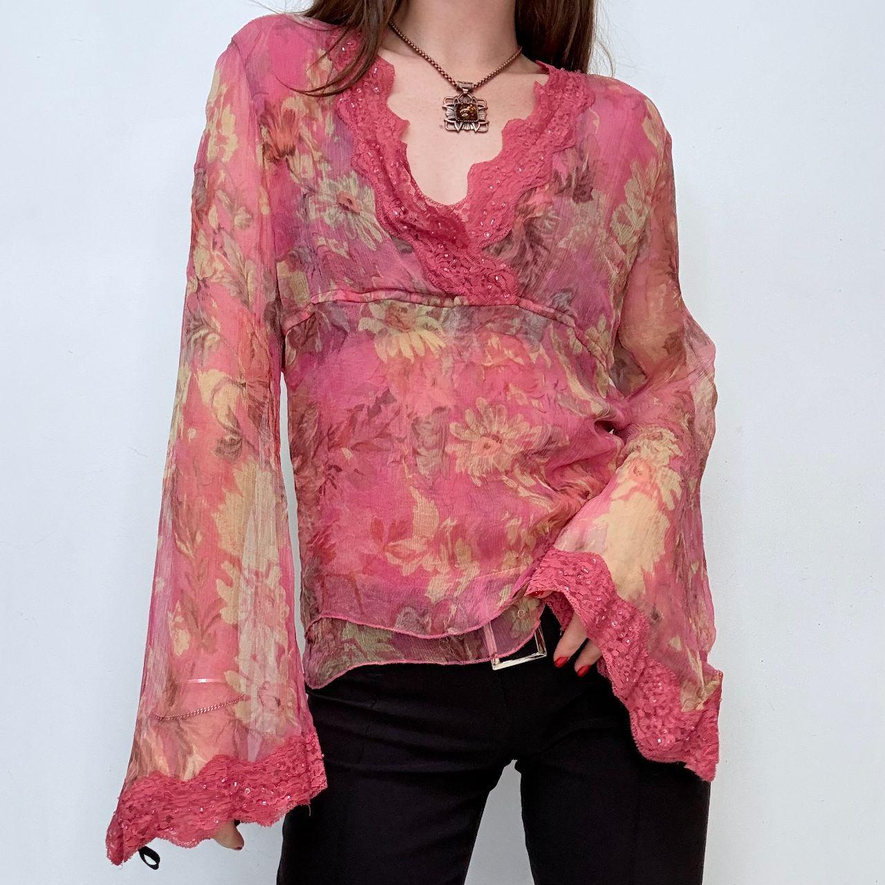 Pink silk floral lace flared shirt