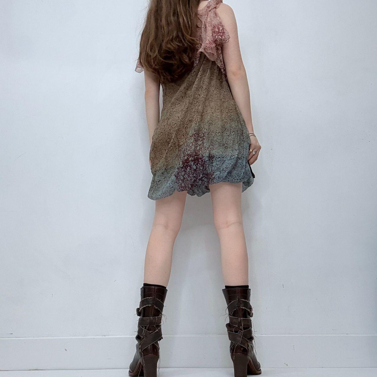 Sheer floral flutter asymmetric mini dress