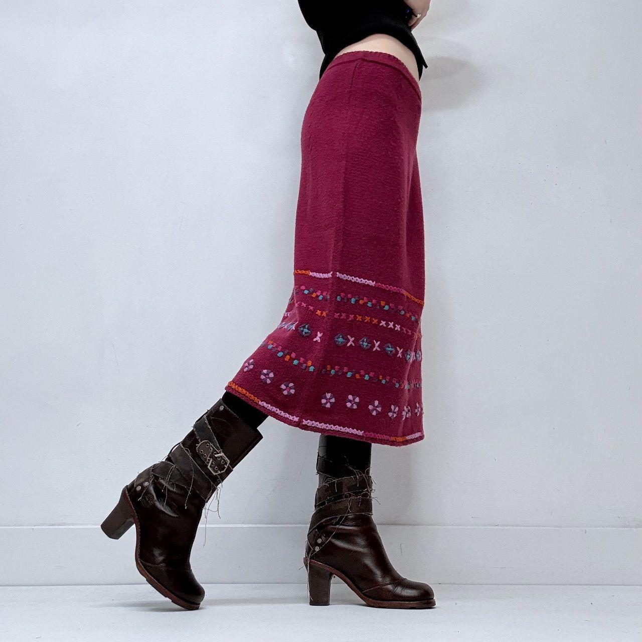 Pink hippie knitted embroidered midi skirt