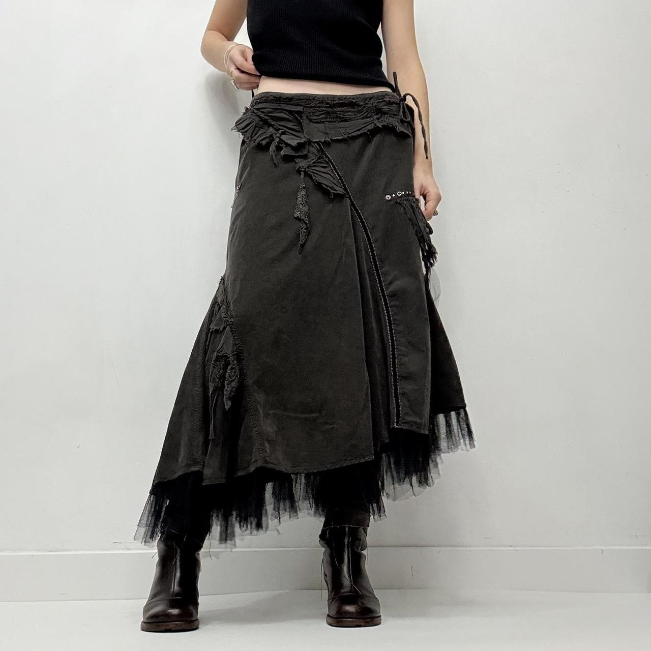 Khaki asyemmetric distressed grunge midi skirt