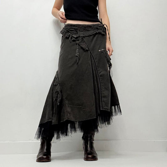 Khaki asyemmetric distressed grunge midi skirt