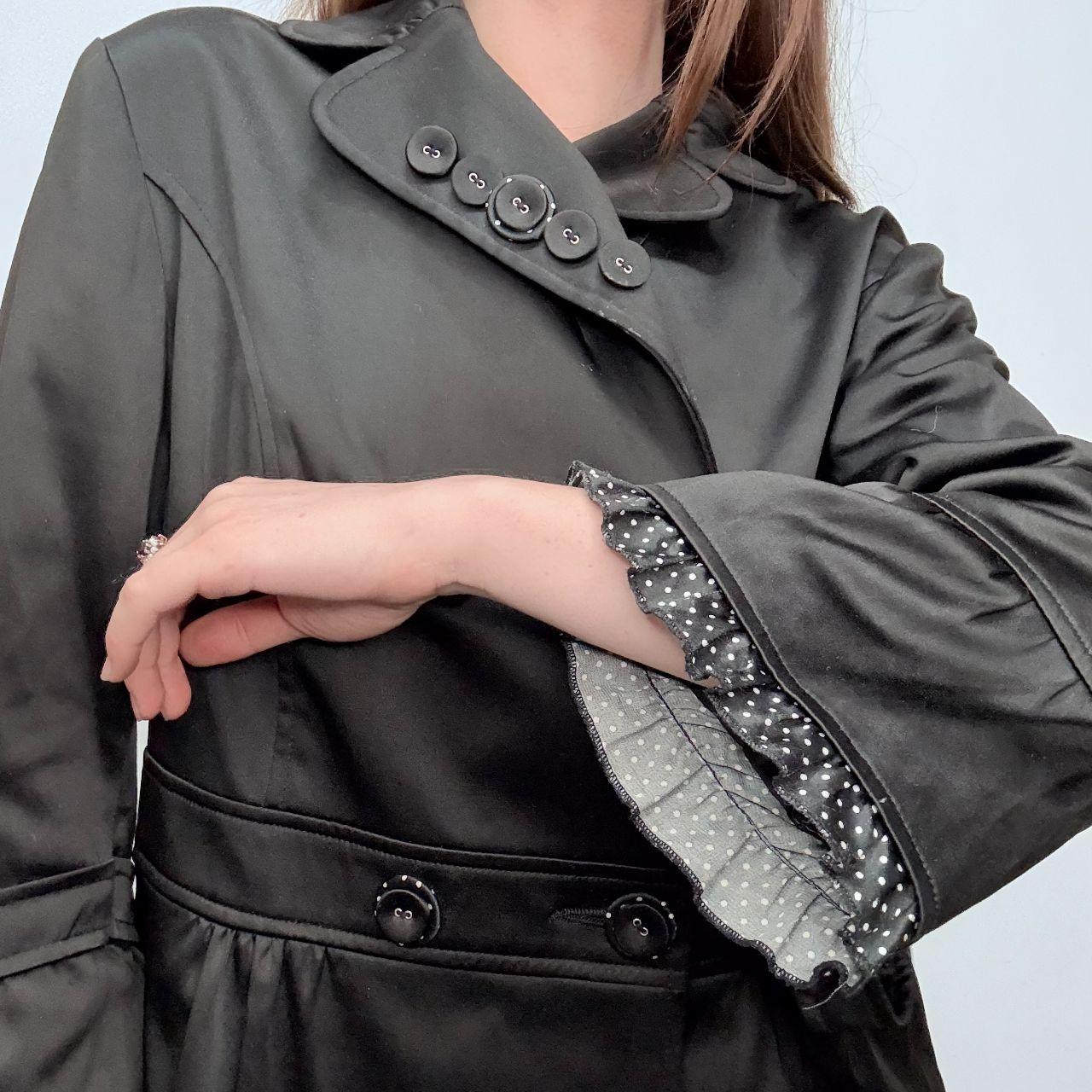 Black satin polka dot flared pea coat