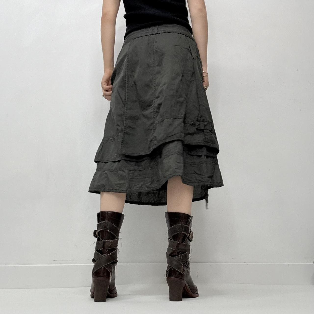 Khaki layered utility button midi skirt