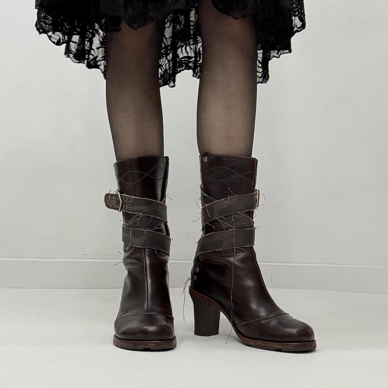 Brown leather distressed wrap grunge boots
