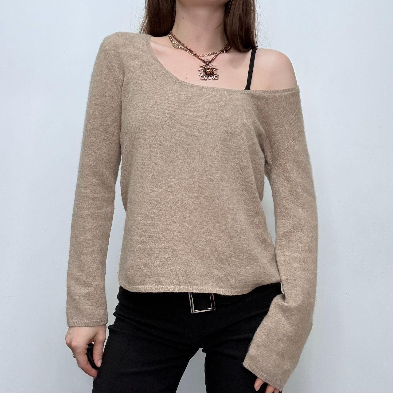 Tan cashmere wide neck jumper