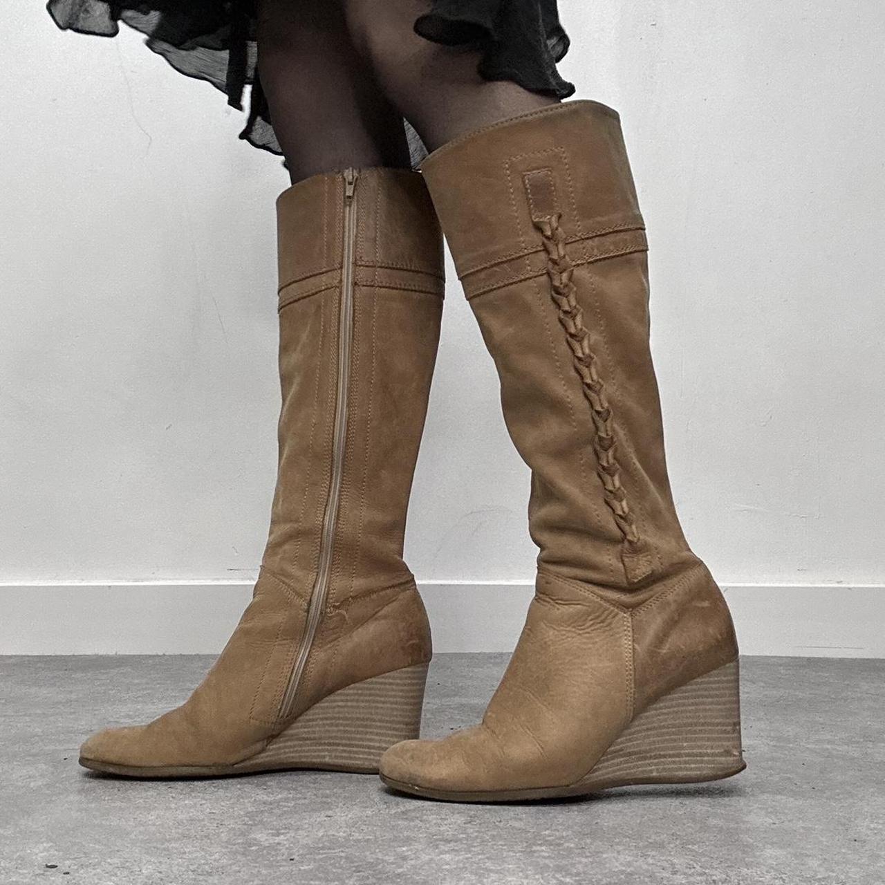 Wedge heel tan leather boots