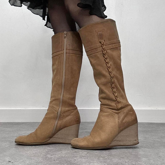 Wedge heel tan leather boots
