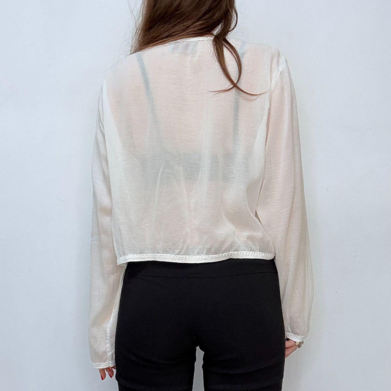 Sheer white embroidered cropped button shirt