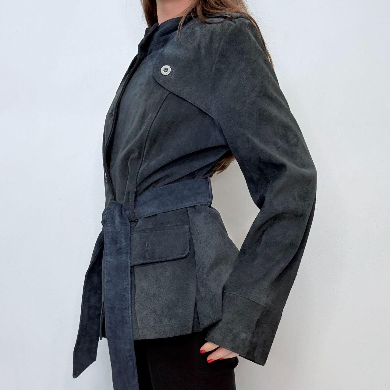 Navy suede high neck flared jacket