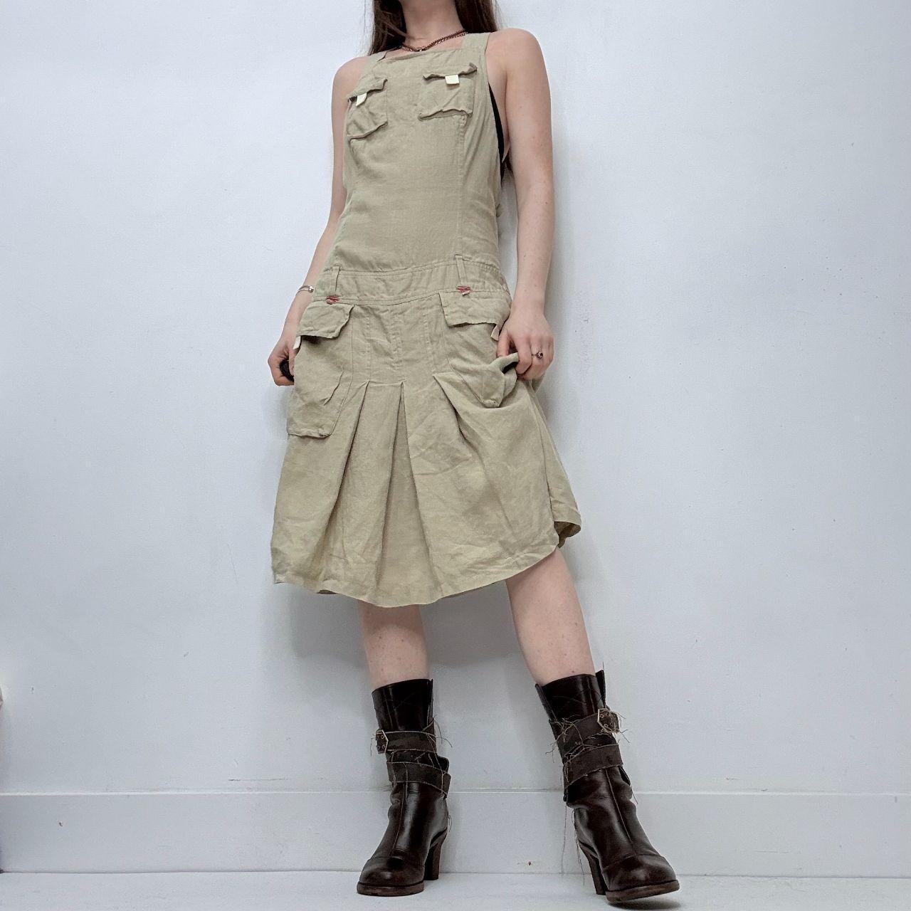 Tan linen pleated cargo dress