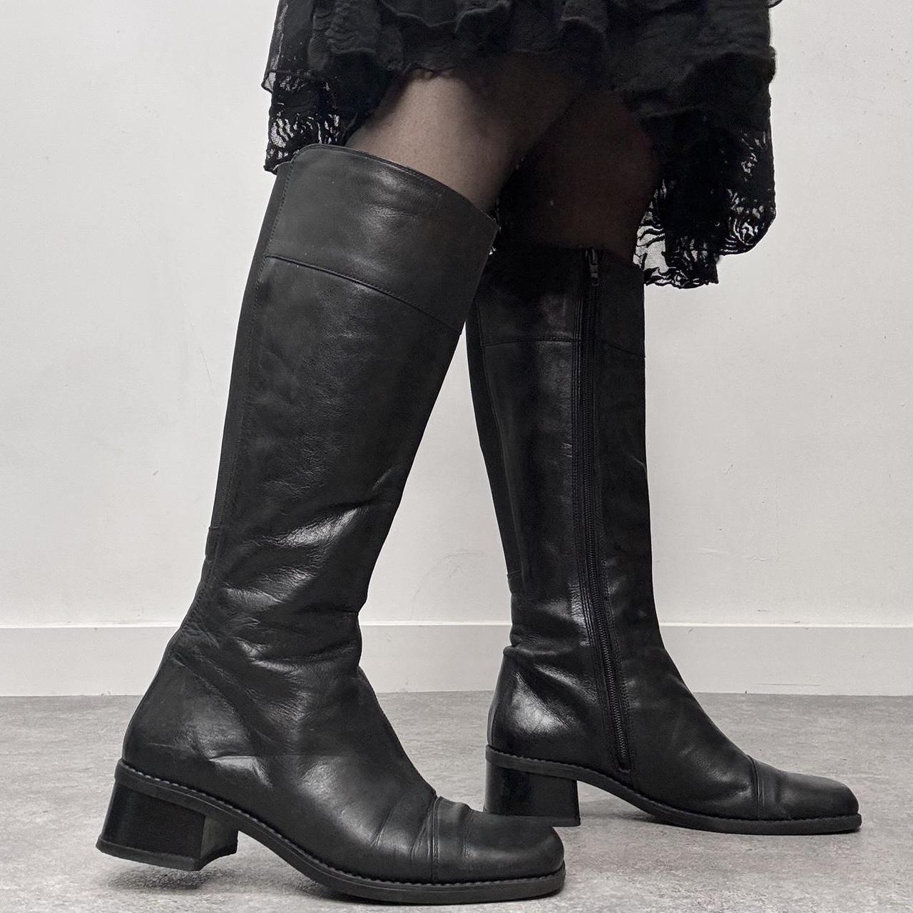 Black leather square toe boots
