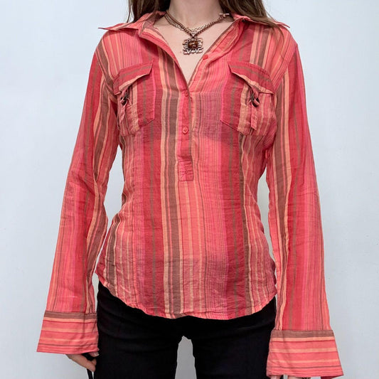 Pinstripe sheer flared cargo shirt