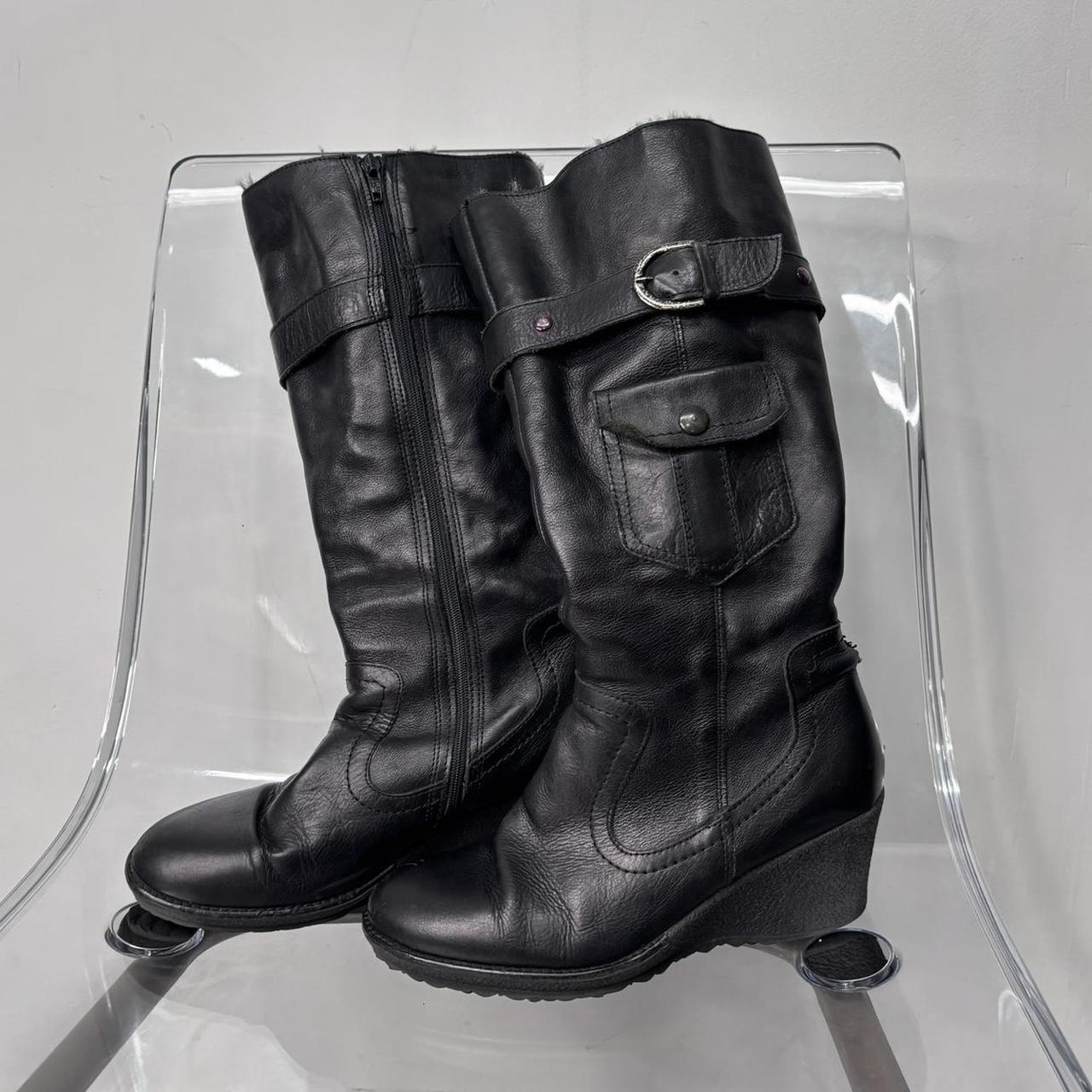 Black leather buckle knee high boots