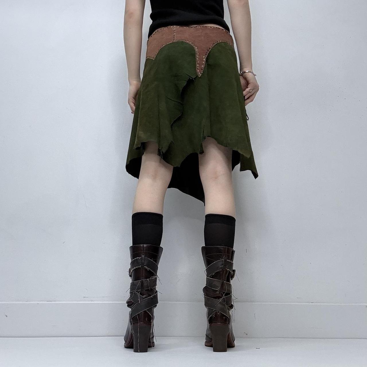 Khaki green studded boho leather skirt belt