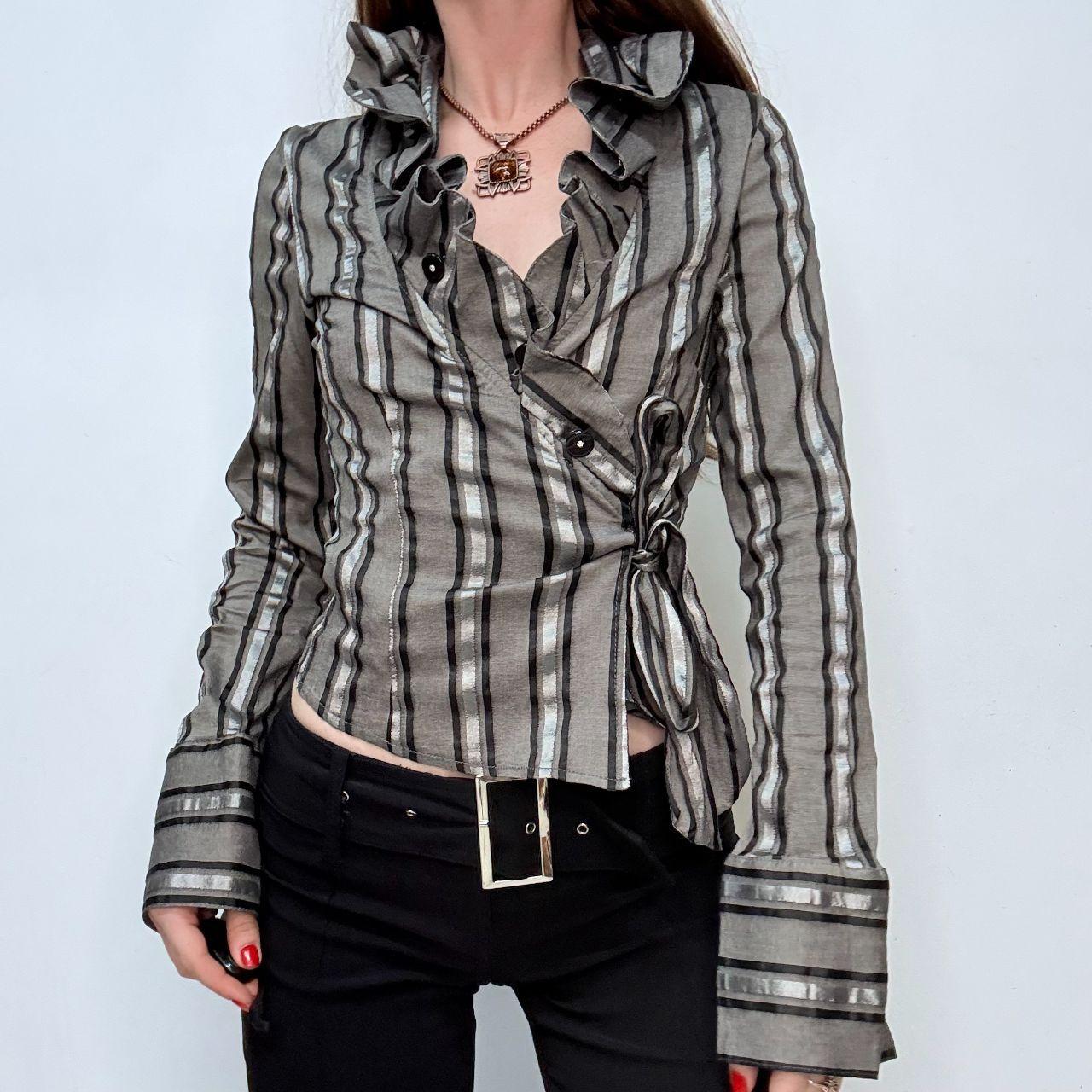 Asymmetric striped ruffle shirt