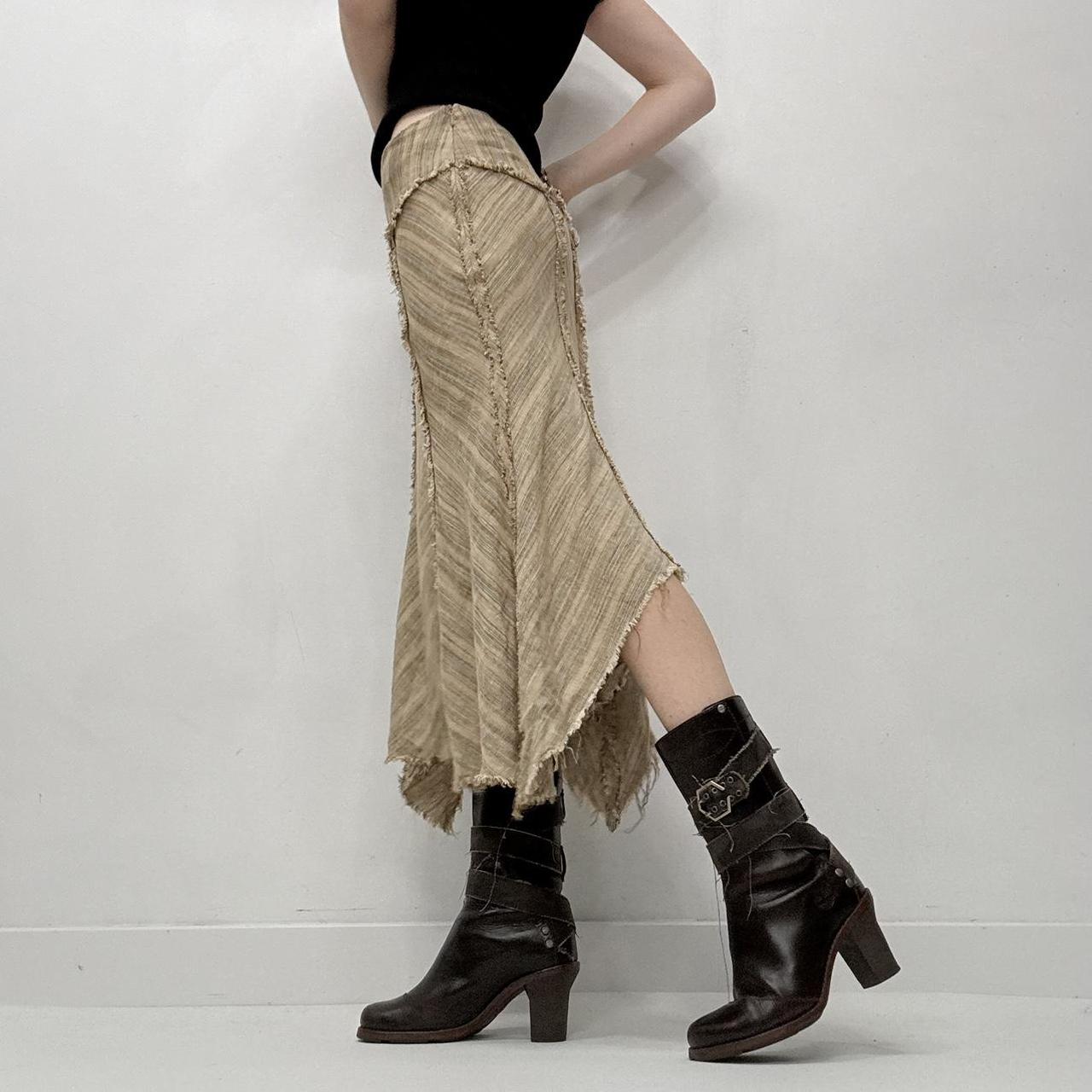 Distressed tan pinstriped midi skirt