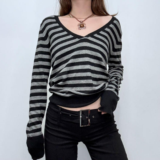 Grey wool knitted striped slouchy jumper