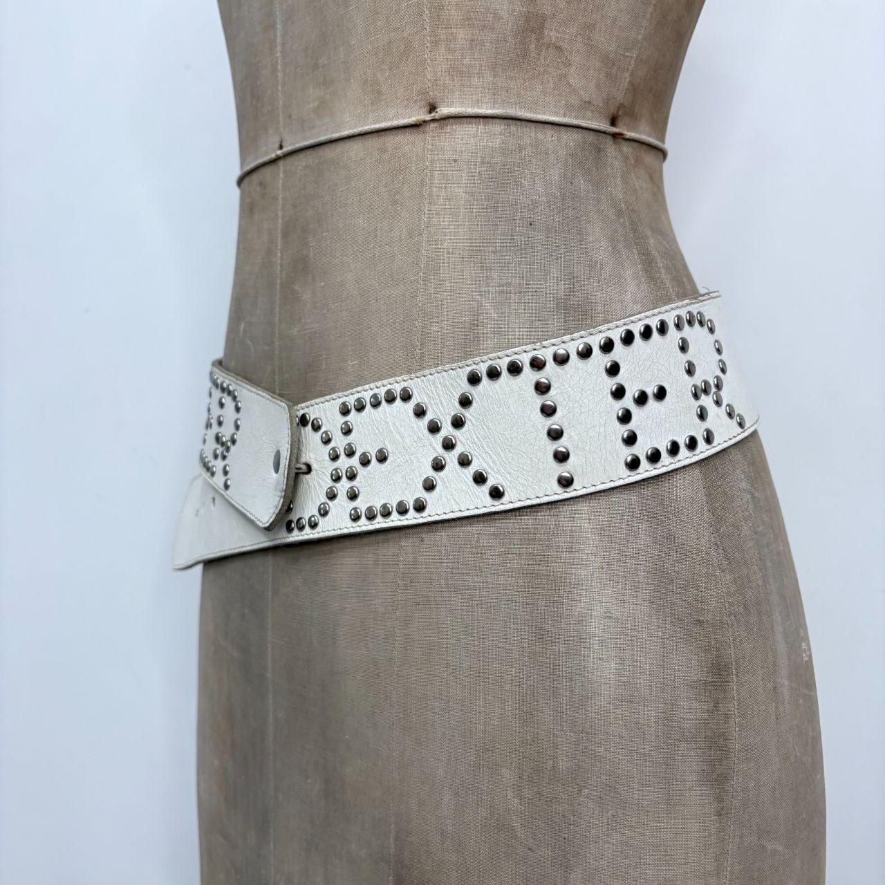 White leather studded spellout belt