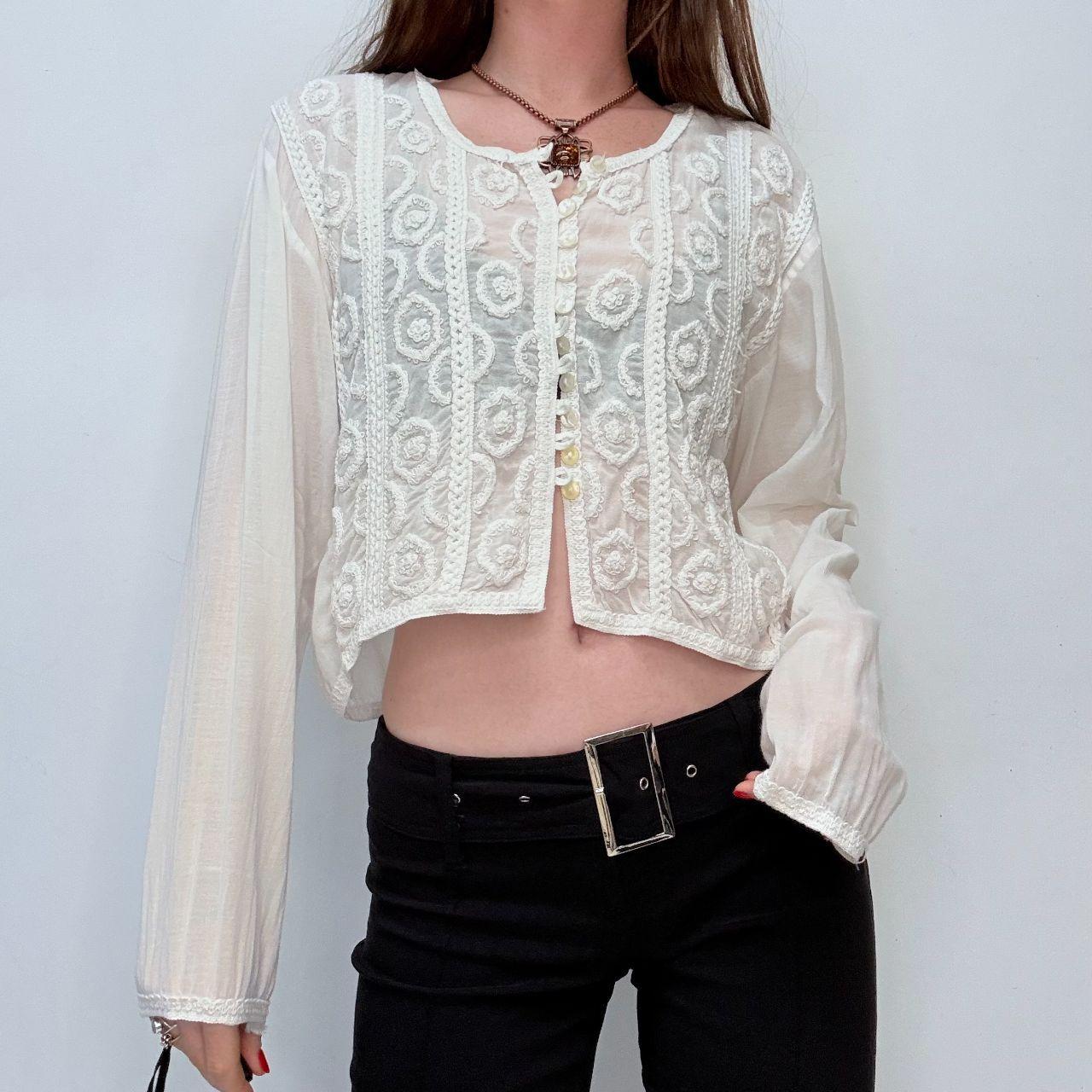 Sheer white embroidered cropped button shirt