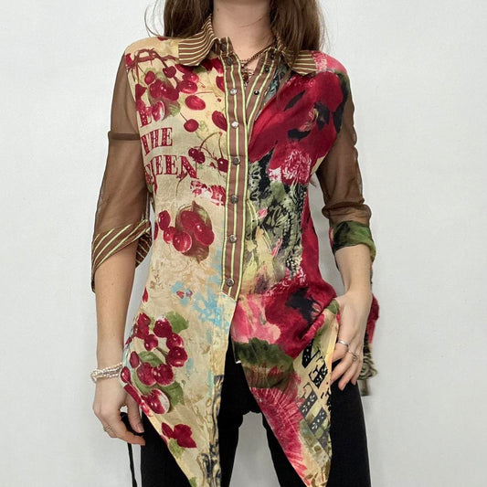 Save the Queen graphic mesh flared shirt