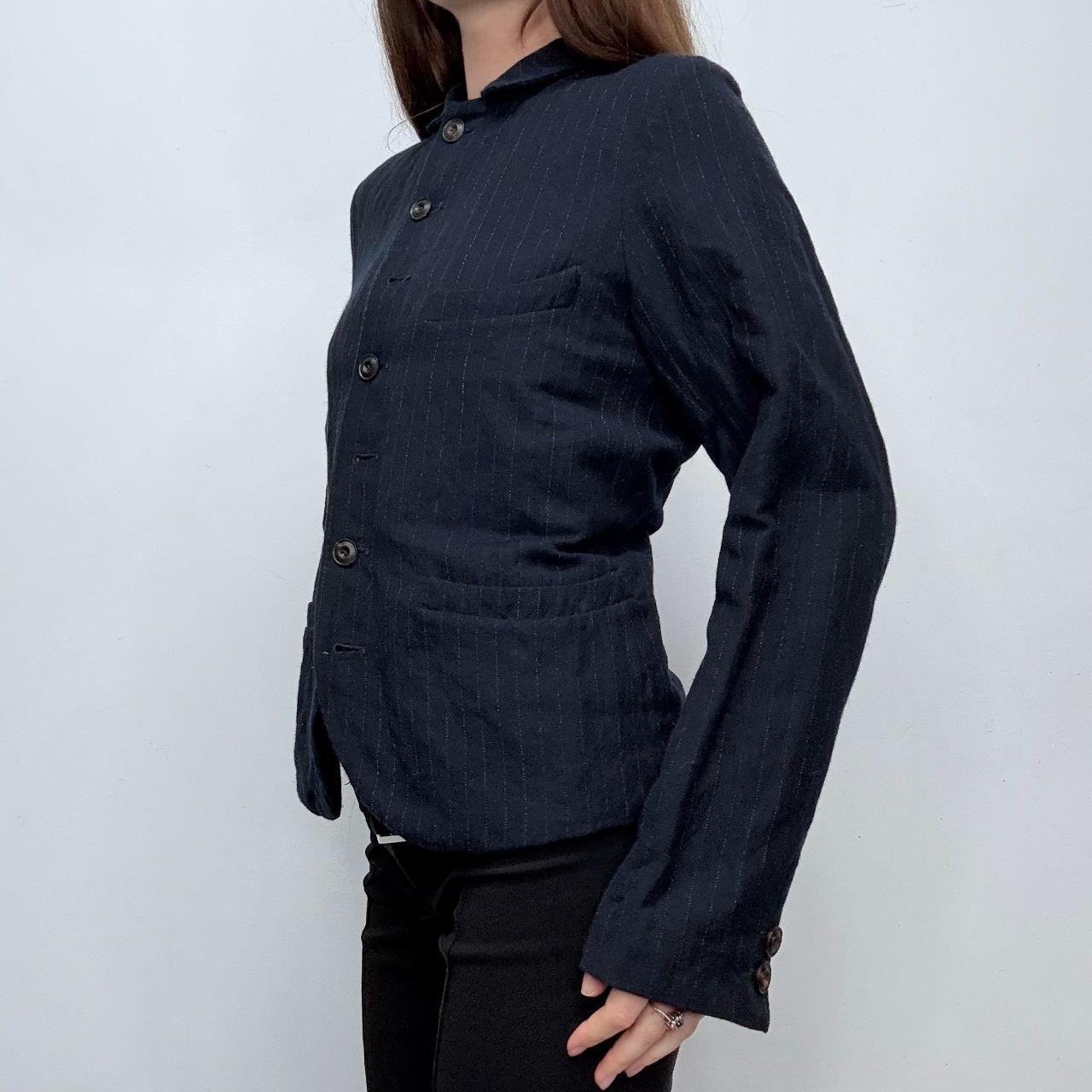 Navy pinstripe flared high neck jacket