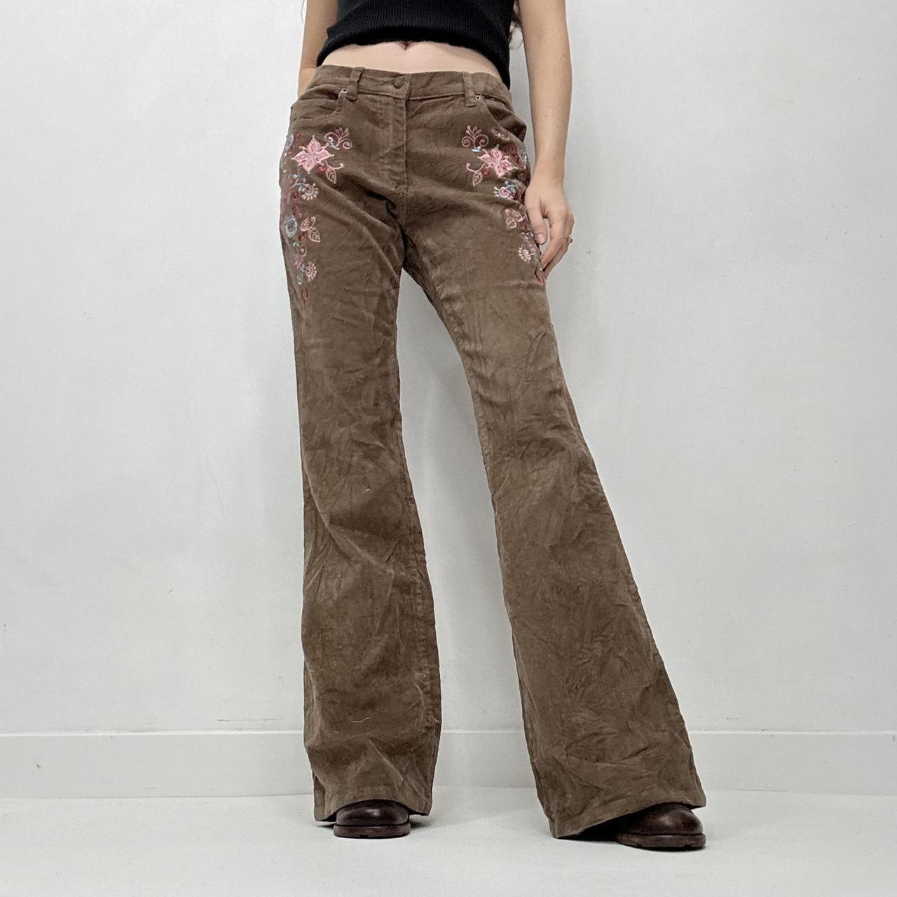 Brown cord embroidered flared trousers