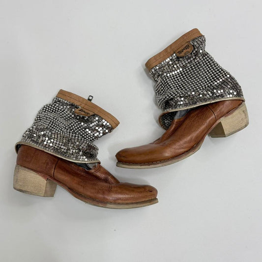 Tan leather chainmail ankle boots