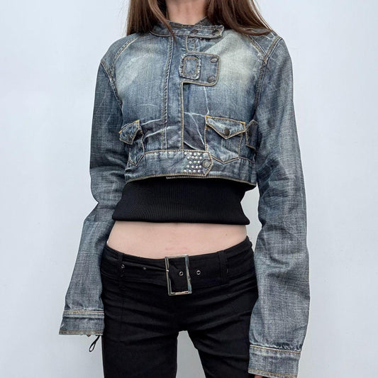Distressed denim cropped utility jacket
