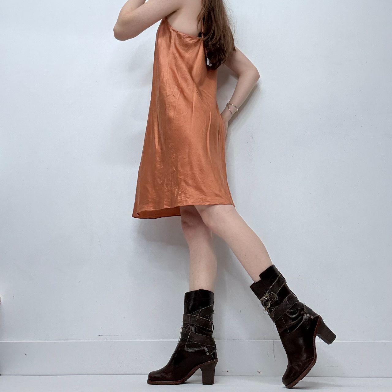 Tan flared silk mini cami slip dress