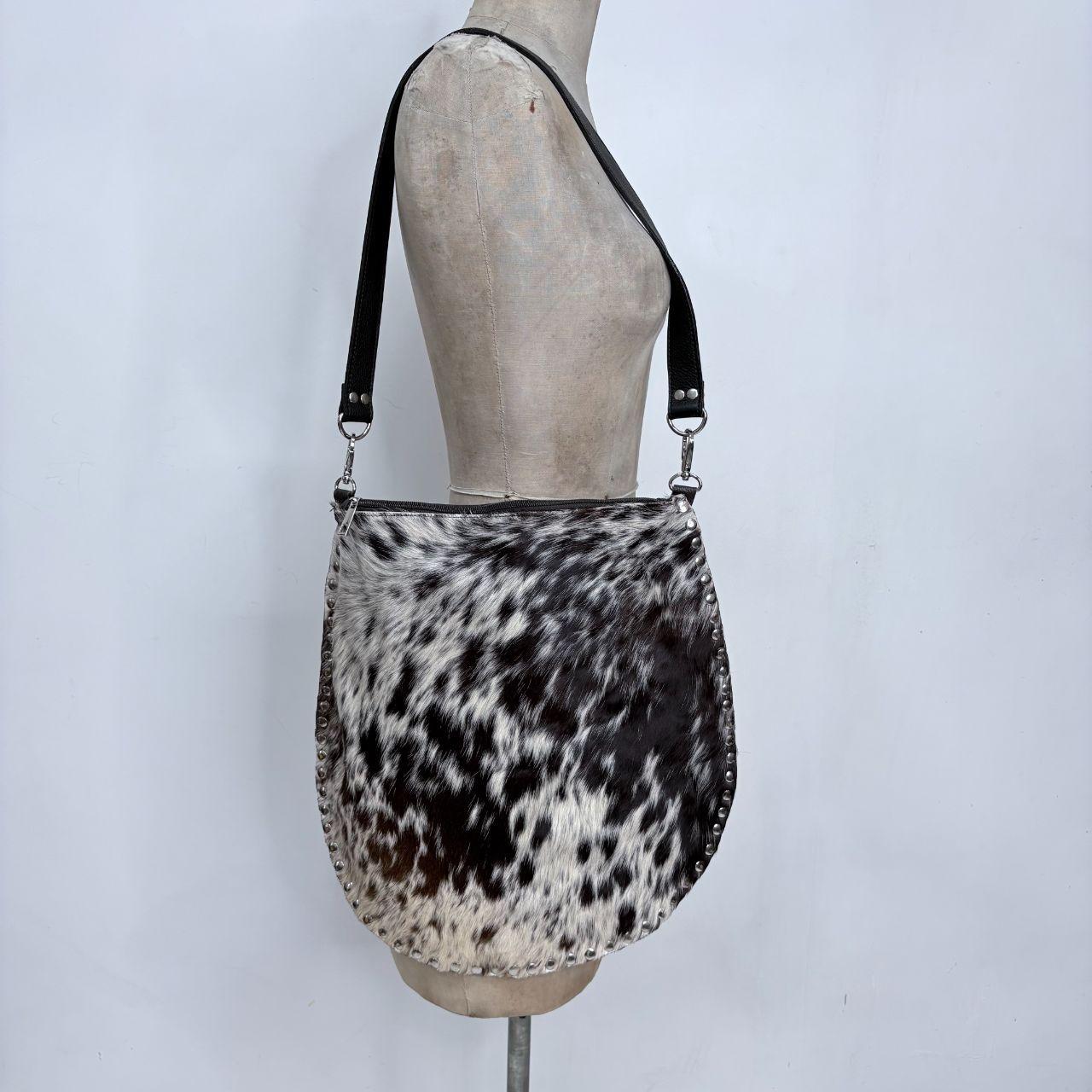 Pony hide studded cow shoulder bag