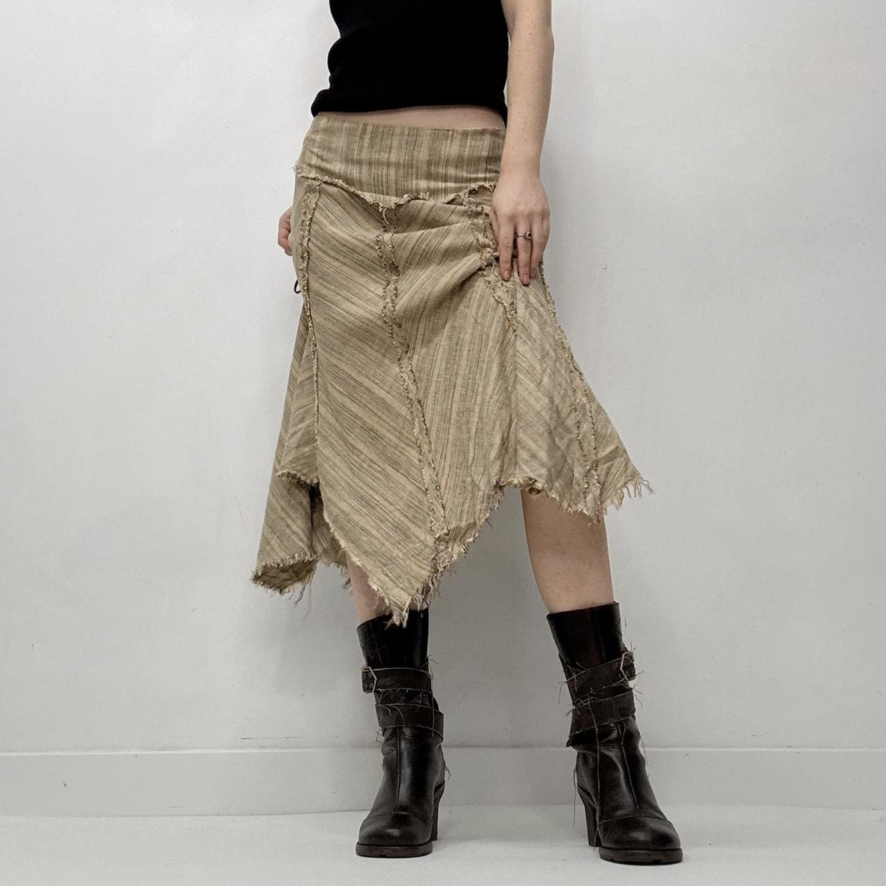 Distressed tan pinstriped midi skirt