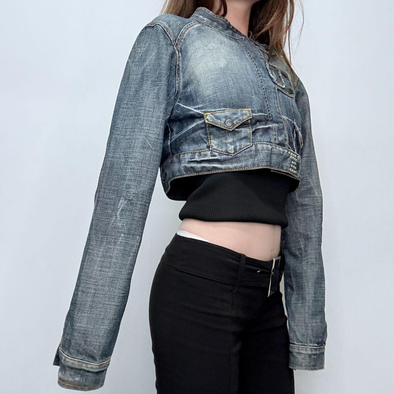 Distressed denim cropped utility jacket
