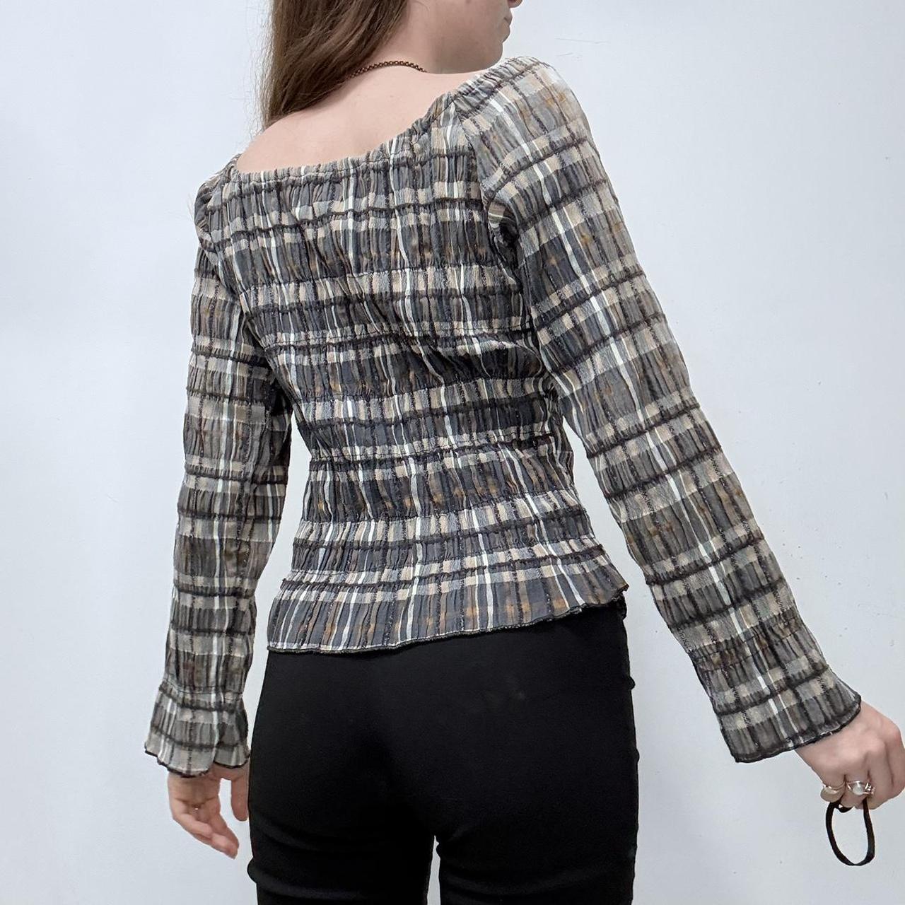 Gingham checked crinkle off the shoulder shirt