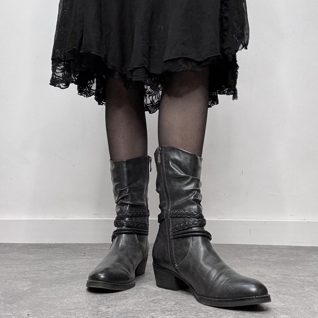 Black leather buckle biker boots