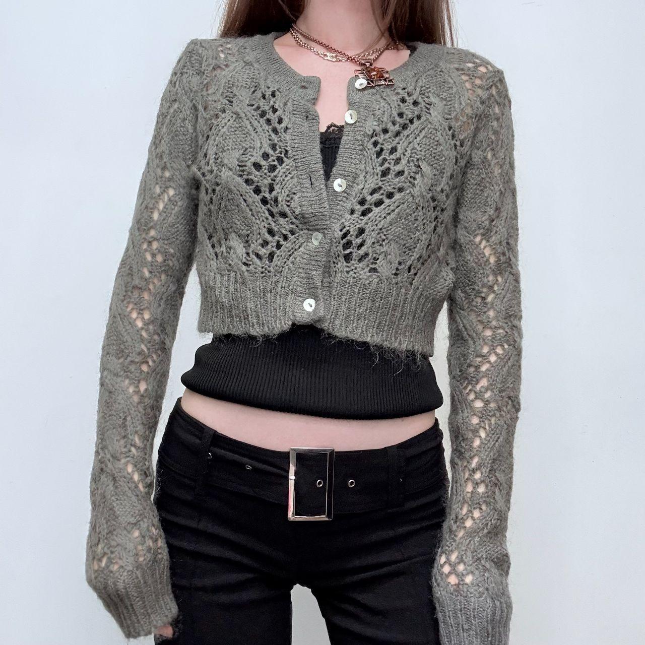Grey lace open knit mohair cardigan